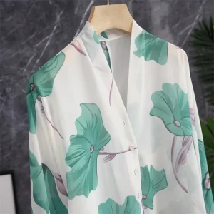 Summer Exclusive Lightweight Comfortable Chinese Style Green Lotus V-Neck Women's Sun Protection Shirt Floral Print Commute S... - AliExpress Shirts & Blouses