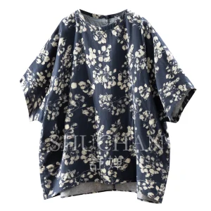 Blue and White Leaf Picking One Piece Continuous Cut Loose Round Neck Double Layer 100% Cotton Shirt Women's 65M0 - AliExpress Shirts & Blouses