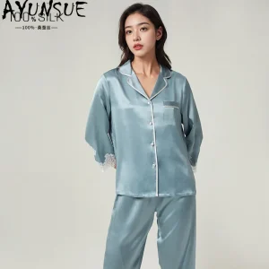 AYUNSUE 100% Silk Womens Matching Sets Casual Pajama Sets Half Sleeve Tops Long Pants Pajamas for Women Spring Autumn Пижама - AliExpress Women's Sleep & Lounge