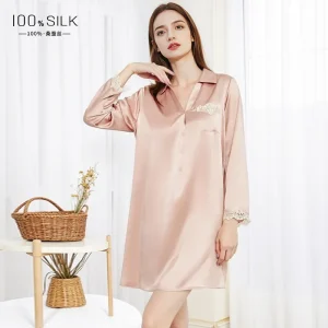 100 Mulberry Silk Lace Trim Sleepshirt Chemise Women's Long-Sleeve Summer Nightgown Sexy Shirt Dress Nightdress Sleepwear Pajama - AliExpress Women's Sleep & Lounge