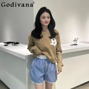 2026 Spring New Japanese Style Sweet B Letter Embroidered Sweater Women's Loose Casual Soft Sweater Lady Daily Knit Pullovers - AliExpress Sweaters&Jumpers