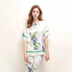 Women's Mulberry Silk Sleepwear Fall Loungewear Short Sleeve Lapel Button Shirt with Long Pants Inkjet Print 2 Piece Pajamas Set - AliExpress Women's Sleep & Lounge