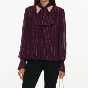 Women Rhinestone Stripe Blouse Neck Bow Tie Long Lantern Sleeve Button‑Front Loose Party Office Shirt Top - AliExpress Shirts & Blouses