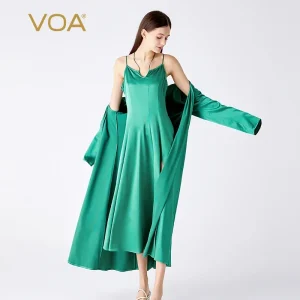 VOA Silk Elastic Satin Green V-neck Long sleeves  Lace Loose Silk Bathrobe Household Casual Simple Nightdress Women NE011 - AliExpress Women's Sleep & Lounge