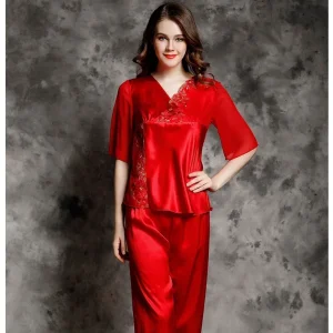 100% Mulberry Silk Pajamas Lace Women Silk V Neck Summer Pajama Thin Sleepwear Solid Color Half Sleeve Top & Pants Two-piece PJs - AliExpress Women's Sleep & Lounge