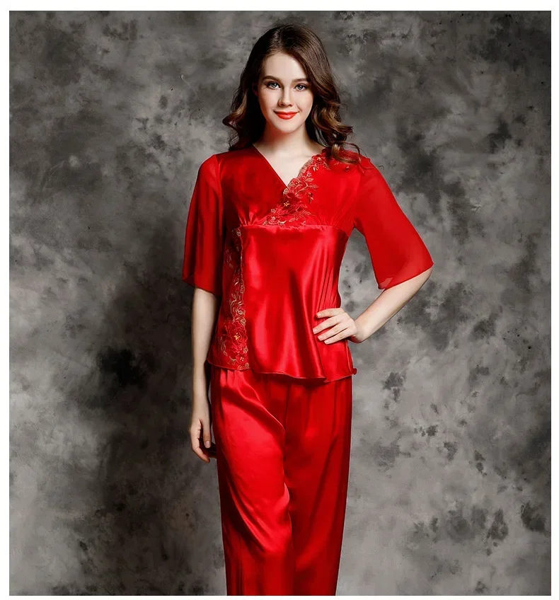 100% Mulberry Silk Pajamas Lace Women Silk V Neck Summer Pajama Thin Sleepwear Solid Color Half Sleeve Top & Pants Two-piece PJs - AliExpress Women's Sleep & Lounge