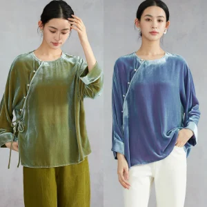 Silk Velvet round Neck Long Sleeve Top Women's New Chinese Style Silk Button Pearl Buckle Asymmetrical Front Opening - AliExpress Shirts & Blouses