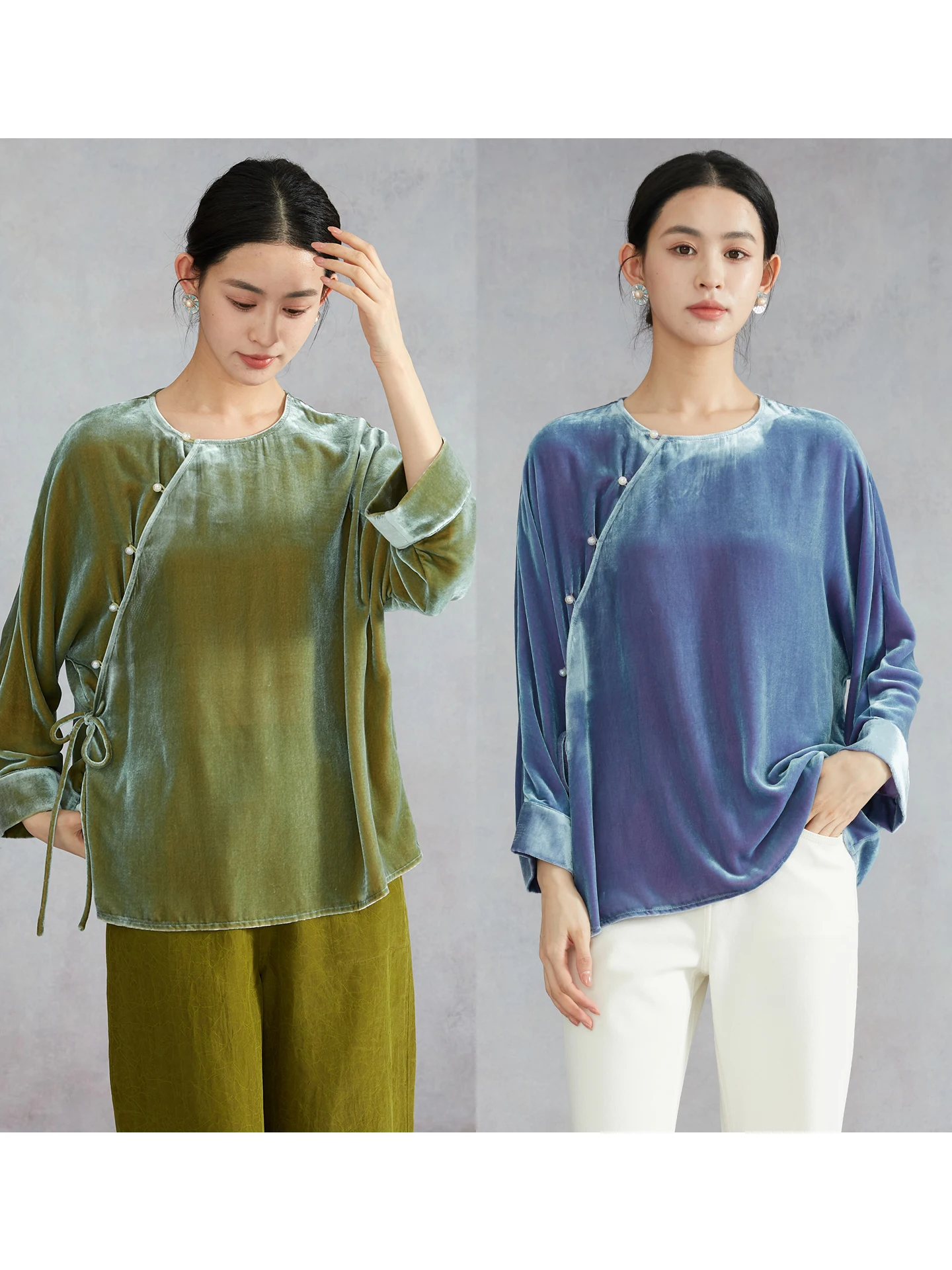 Silk Velvet round Neck Long Sleeve Top Women's New Chinese Style Silk Button Pearl Buckle Asymmetrical Front Opening - AliExpress Shirts & Blouses