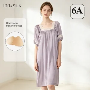 Women Summer French Princess Nightgown 100% Mulberry Silk Square Neck Lantern Sleeve Night Dress with Built-in Chest Pads - AliExpress Women's Sleep & Lounge