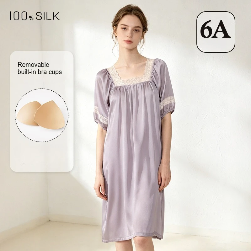Women Summer French Princess Nightgown 100% Mulberry Silk Square Neck Lantern Sleeve Night Dress with Built-in Chest Pads - AliExpress Women's Sleep & Lounge
