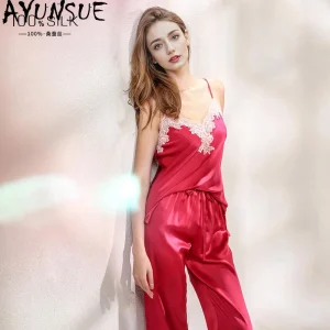 AYUNSUE 100% Silk Woman Pajama Sets Stylish Sleeveless V-neck Sleepwear Long Pj Pants High Quality Womens Matching Sets Пижама - AliExpress Women's Sleep & Lounge