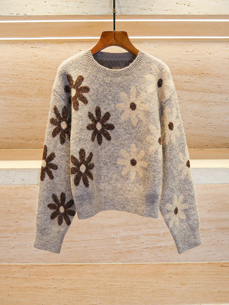 S Home South Oil High End Women's Knitted Daisy Print Top Autumn Faion Loose Fit Long Sve round Ne Regular Length - AliExpress Sweaters&Jumpers