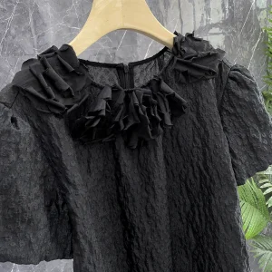 Elegant Black Textured Floral Embroidery Short Sleeve Women's Shirt Artistic Lace Hemline Commute Style round Neck Polyester ... - AliExpress Shirts & Blouses