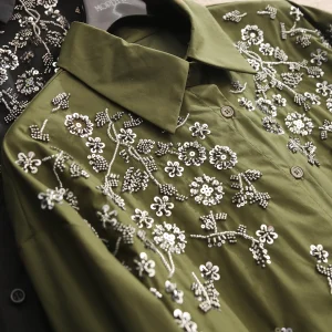 Elegant Green Long Sleeve Women's Shirt Heavy Embroidery Vintage Style High End Fashion Outerwear Coat Trendy Commute Style - AliExpress Shirts & Blouses