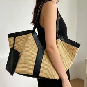 New Women Casual Tote Genuine Leather Spliced Straw Underarm Beach Bag Large Capacity Handbag Office Ladies Single Shoulder Bags - AliExpress Women's Handbags