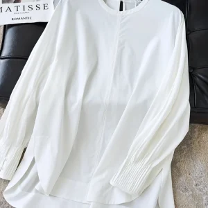 Women's White Shirt Lantern Sleeve Regular Fit Casual Shirt Design Asymmetrical Pleated Court Style Long Sleeve round Neck - AliExpress Shirts & Blouses