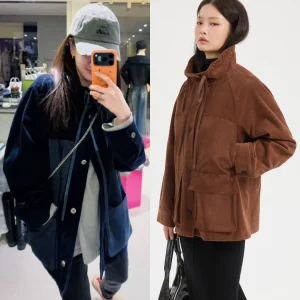 Slimming Corduroy Jaet with Stand Collar And Dstring Versatile Workwear Top Long Sve Mid-Length Loose Fit Women's Coat - AliExpress Shirts & Blouses