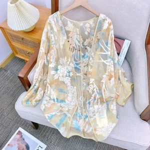 New Chinese Sle Silk Burned Flower ort Sve irt Women's Outerwear Sunscreen Faionable Breathable Polyester Fiber - AliExpress Shirts & Blouses