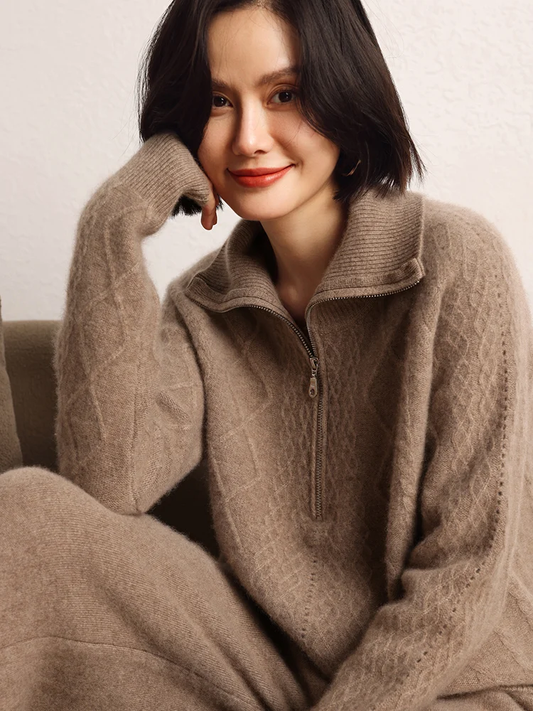 Turtleneck Sweater Cable Stitch 100% Cashmere Knitted Pullover Autumn Winter Half Zipper Woman Clothes Soft Warm stand up collar - AliExpress Sweaters&Jumpers