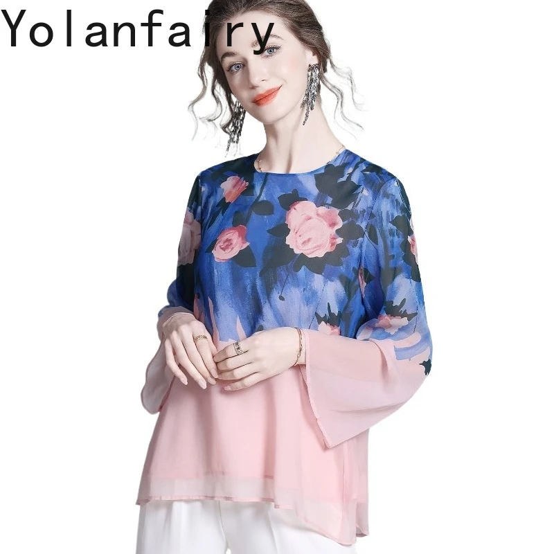 YOLANFAIRY 100% Real Mulberry Silk Blouses for Woman 2026 Summer Loose Printed Shirts Female Elegant Long Sleeve Shirt Women Top - AliExpress Shirts & Blouses