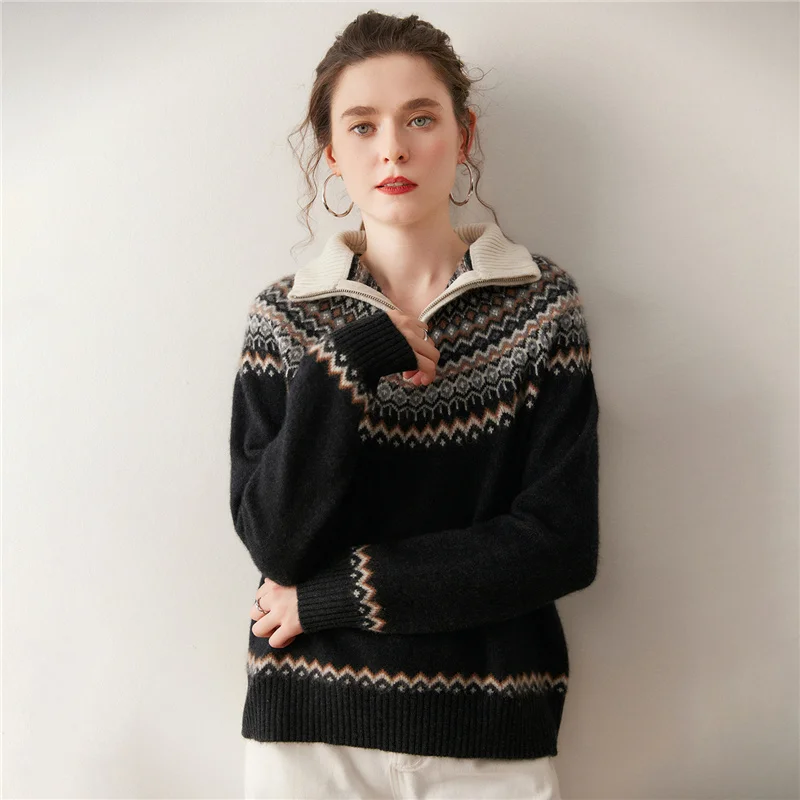 2025 New 100% Goat Cashmere Women Autumn Winter Turn-down Collar Sweater Zipper Pullover Thick Casual Loose Knit Clothing Tops - AliExpress Sweaters&Jumpers
