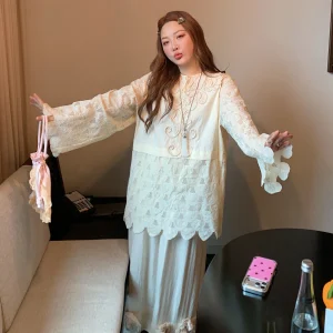 Elegant Lace Long Sleeve Women's Shirt Spring Design Large Size Fashionable Casual Straight Cut Breathable round Neck Open Ca... - AliExpress Shirts & Blouses