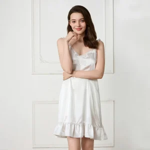100% Mulberry Silk Nightgown for Women Lace V-Neck Sleeveless Slip Night Dress Ruffle Hem Short Sleepwear White Satin Nightwear - AliExpress Women's Sleep & Lounge