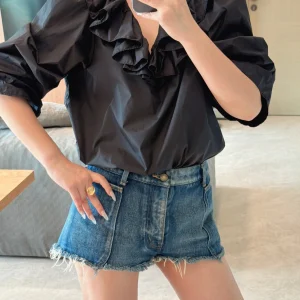 Slimming Black Short Shirt V-neck Lantern Sleeve Women's Top Sweet Style Pure Cotton Bubble Sleeve Long Sleeve Fashionable - AliExpress Shirts & Blouses