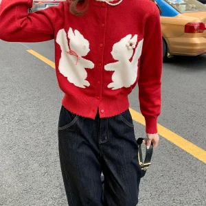 Chic Loose Knitted Cardigan Women's round Ne Color Blo Rabbit Embroidery Sweater Sweet Sle Autumn Winter New Arrival - AliExpress Sweaters&Jumpers