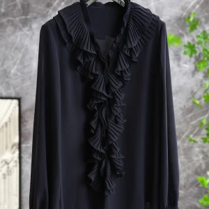 Elegant Blue Shirt with Lace Trim V-Neck Long Sleeve Women's Original Design Straight Cut Wave Detail Button Decoration Shirt - AliExpress Shirts & Blouses