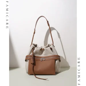 Women Cotton Linen Patchwork Genuine Leather Bucket Handbag Drawstring Casual Shoulder Bags Fashion Multi Pockets Crossbody Bag - AliExpress Women's Handbags