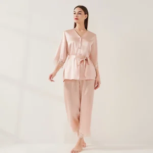 Heavyweight Mulberry Silk Pajamas Set V-neck Lace Trim Cardigan Trousers Sleepwear PJ Tie-waist Elegant Women's Pajama Nightwear - AliExpress Women's Sleep & Lounge