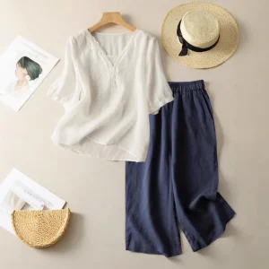 New Women's Summer Cotton Linen Two Piece Pajamas Set Large Size Age Reducing Top for A Stylish Look Outdoor wear 2XL Size Cozy - AliExpress Women's Sleep & Lounge