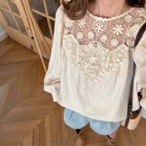 Ele Hollow out Embroidered Lace Cotton Blend Overhead irt Women's Gentle Sle Loose Fit Long Sve round Ne irt - AliExpress Shirts & Blouses