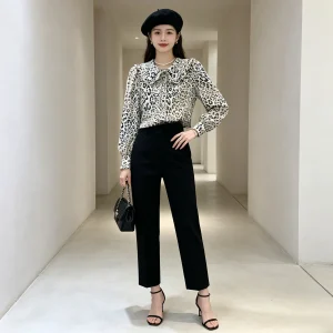 Women Leopard Print Ruffle Peter Pan Collar Tie Bow Long Sleeve Shirt - AliExpress Shirts & Blouses