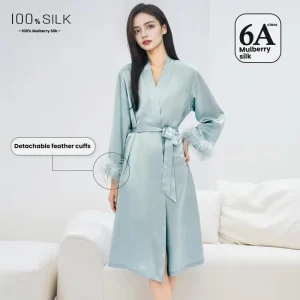 19 MM100% Mulberry Silk Robe Women Detachable Feather Cuffs Luxury Kimono Bathrobe Elegant Feather Trim Sleepwear Morning Gown - AliExpress Women's Sleep & Lounge