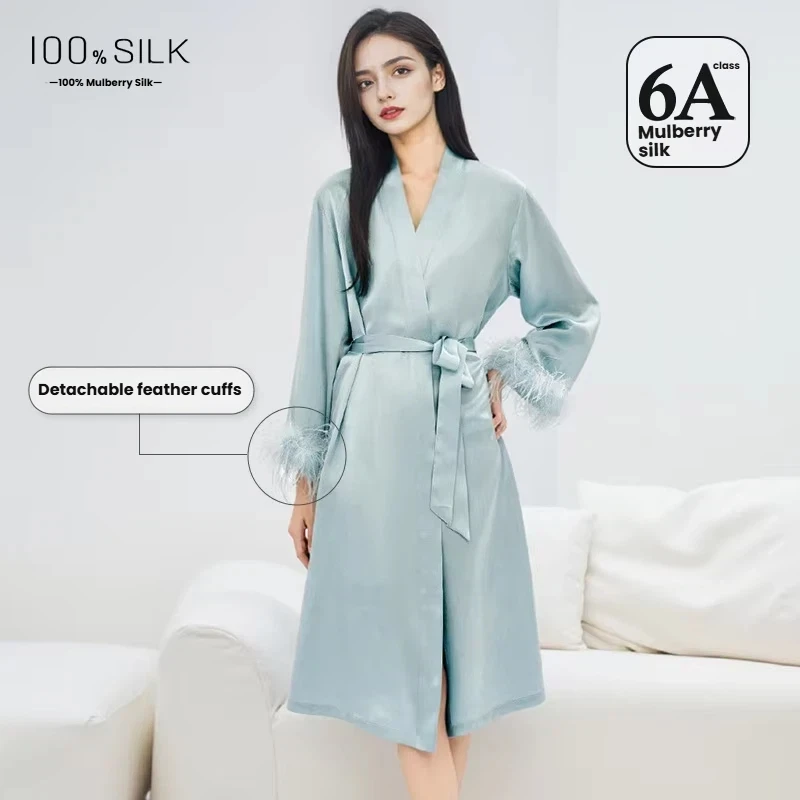 19 MM100% Mulberry Silk Robe Women Detachable Feather Cuffs Luxury Kimono Bathrobe Elegant Feather Trim Sleepwear Morning Gown - AliExpress Women's Sleep & Lounge