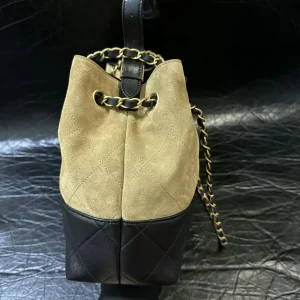 Beige Suede Black Leather Spliced Quilted Bucket Bag, Drawstring Leather‑Woven Gold Chain Crossbody Shoulder Purse Vintage Large Capacity Handbag - AliExpress Women's Handbags
