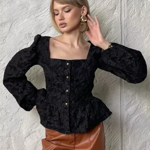 Vintage Jacquard Pleated Blouses Square Collar Long Puffed Sleeve Single-breasted Shirts for Women French Elegant Slim Fit Tops - AliExpress Shirts & Blouses