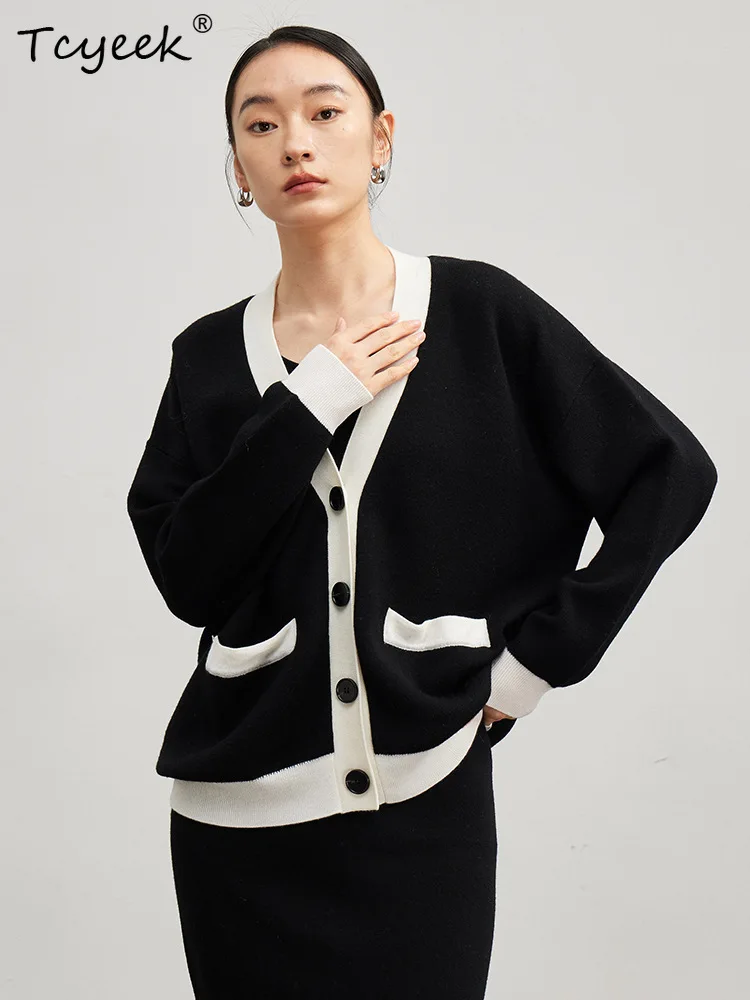Tcyeek, 100%Pure Wool Eleganr Cardigans, Women V Neck Long Sleeve, French Commute Knit Sweater, 2024 Summer Autumn T48151QC - AliExpress Sweaters&Jumpers