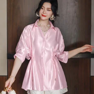 Ele Pinki ey irt Women's Slim Fit ort Sve Pleated Design Waist Cinching Versatile Faionable Top French Sle - AliExpress Shirts & Blouses