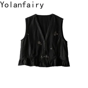 YOLANFAIRY Women Ruffle Hem Sleeveless Silk Vest 100% Mulberry Silk Gambiered Top Heavy Beaded Embroidery Elegant Waistcoat - AliExpress Shirts & Blouses