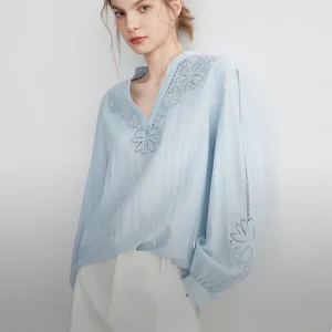ELLE Heavy Embroidery V-neck Shirt Women's New Autumn Commute Unique Shirt Linen Nylon Rayon Blend Long Sleeve Regular Fit - AliExpress Shirts & Blouses