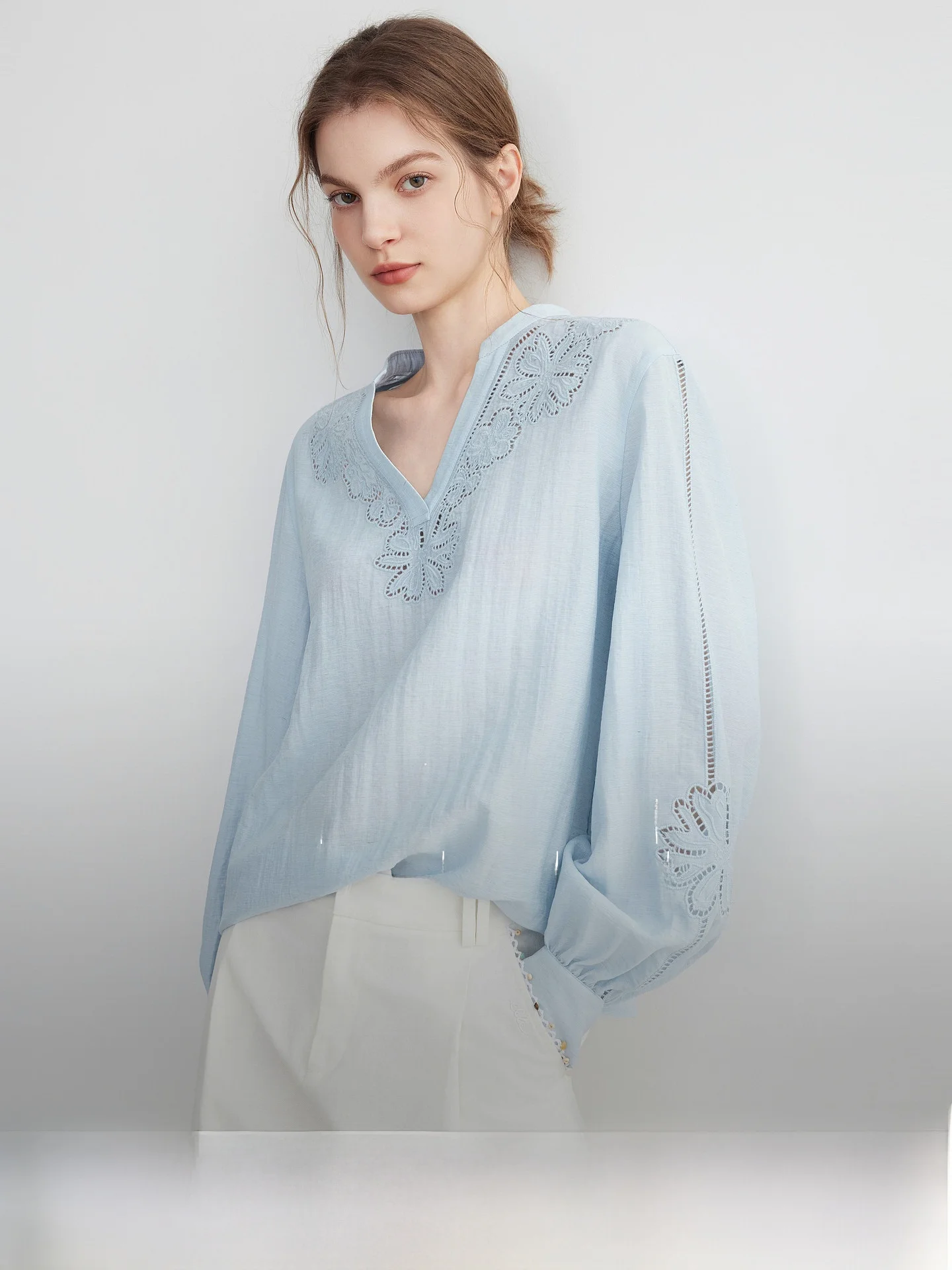 ELLE Heavy Embroidery V-neck Shirt Women's New Autumn Commute Unique Shirt Linen Nylon Rayon Blend Long Sleeve Regular Fit - AliExpress Shirts & Blouses
