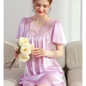 100% Mulberry Silk Nightgown Loose Female Short Sleeve Nightdress Sexy Lace Sleepshirt Pajama Dress V Neck Soft Underwear Nighty - AliExpress Women's Sleep & Lounge