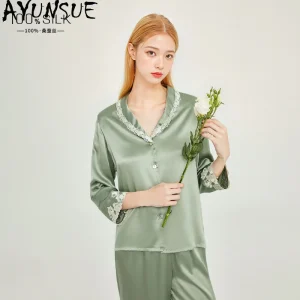 AYUNSUE Real Silk Womens Matching Sets Simple Casual Pajamas for Woman Long Sleeve Tops Sleepwear Woman Clothes Spring Пижама - AliExpress Women's Sleep & Lounge