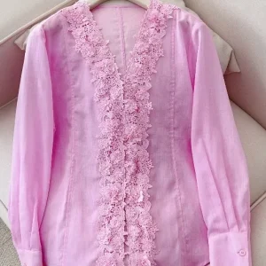 Summer 2026 Women's French Style Loose Fit Linen Shirt Heavy Embroidery Lace V-Neck Long Sleeve Slimming Top for Holiday - AliExpress Shirts & Blouses