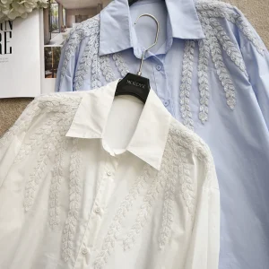 Baroque Embroidered Long Sleeve Shirt Vintage Fashion Stand Collar Beaded Button up Women's Loose Fit Cotton Spring Top - AliExpress Shirts & Blouses