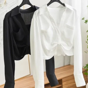 ! the Waistline Is Really Amazing! Knot Short Waistline White Collar Long Sleeve Shirt Top Women's Business Casual Polyest... - AliExpress Shirts & Blouses