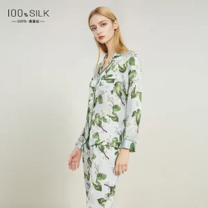 Spring Summer Floral Print Silk Pajamas Set Women 100% Mulberry Silk Satin Long Sleeve Shirt and Pants Homewear Suit - AliExpress Women's Sleep & Lounge